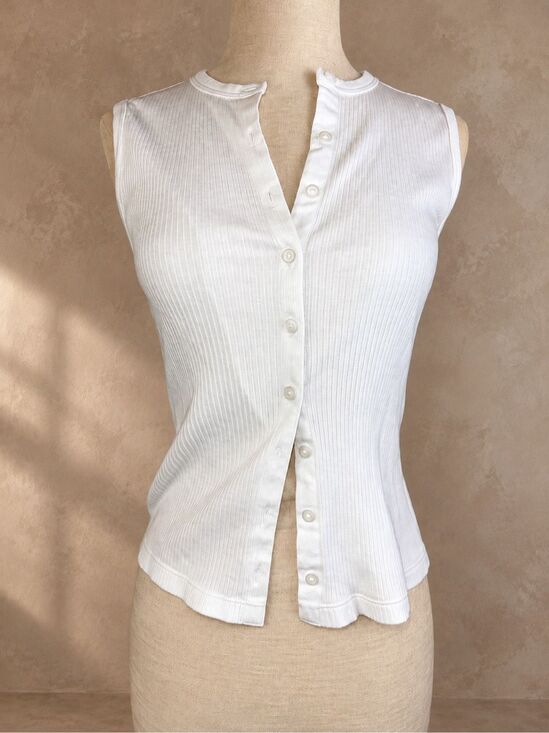 Uniqlo Tops - UNIQLO S White Ribbed Cotton Blend Sleeveless Button Front Tank Top
